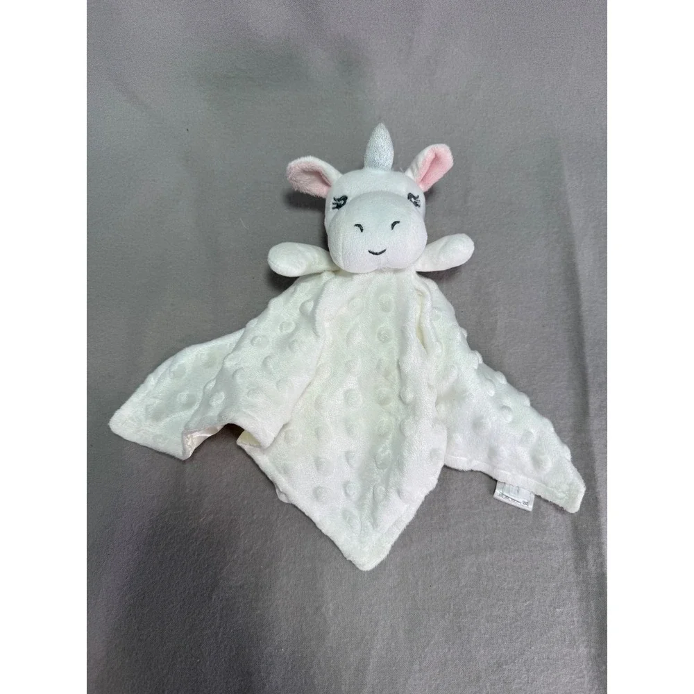 Elegant Baby Unicorn White Pink Minky Dot Security Blanket Lovey Satin Bottom